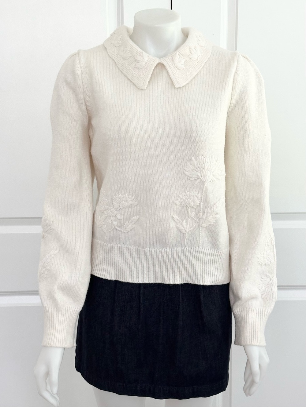 Cream Floral & Leaf Embroidered Peter Pan Collar Puff Sleeve Sweater